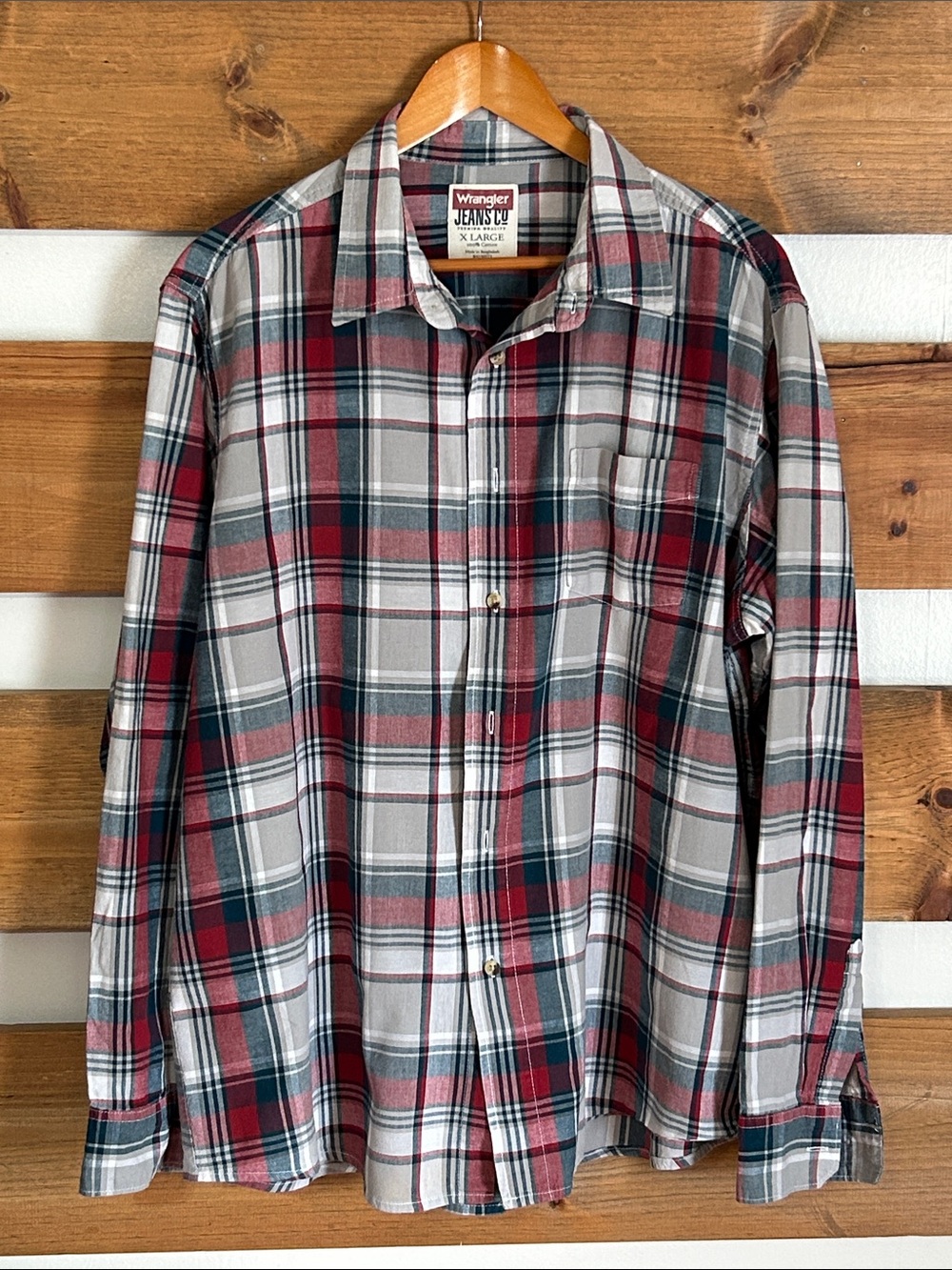Wrangler Jean Western Multicolor Red Plaid Long Sleeve Outdoor Button Up Size XL